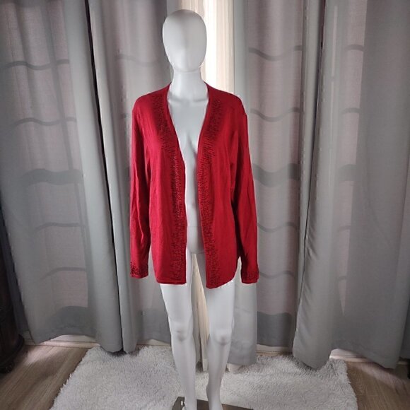 Covington Sweaters - Covington Womens Long Sleeve V-Neckline Beaded Red Cardigan Size 20-22W